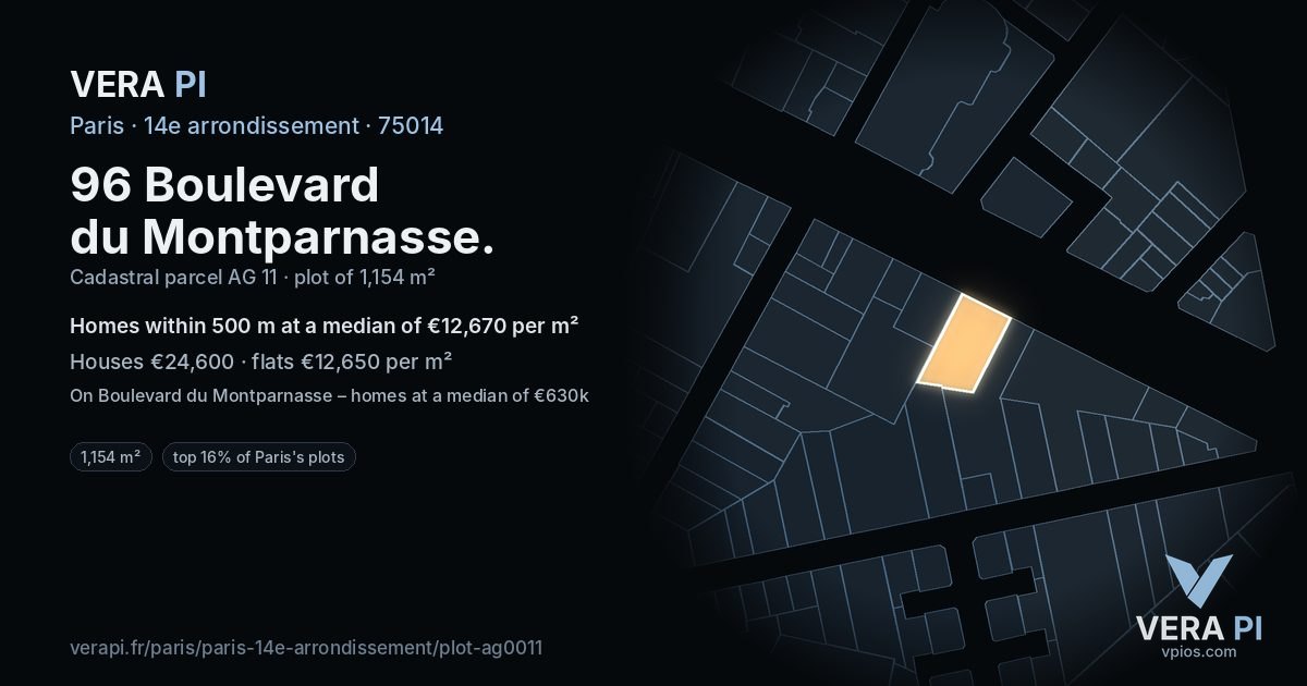 96 Boulevard du Montparnasse, 14e arrondissement at night – the plot lit, the parcels around coloured by the prices near them