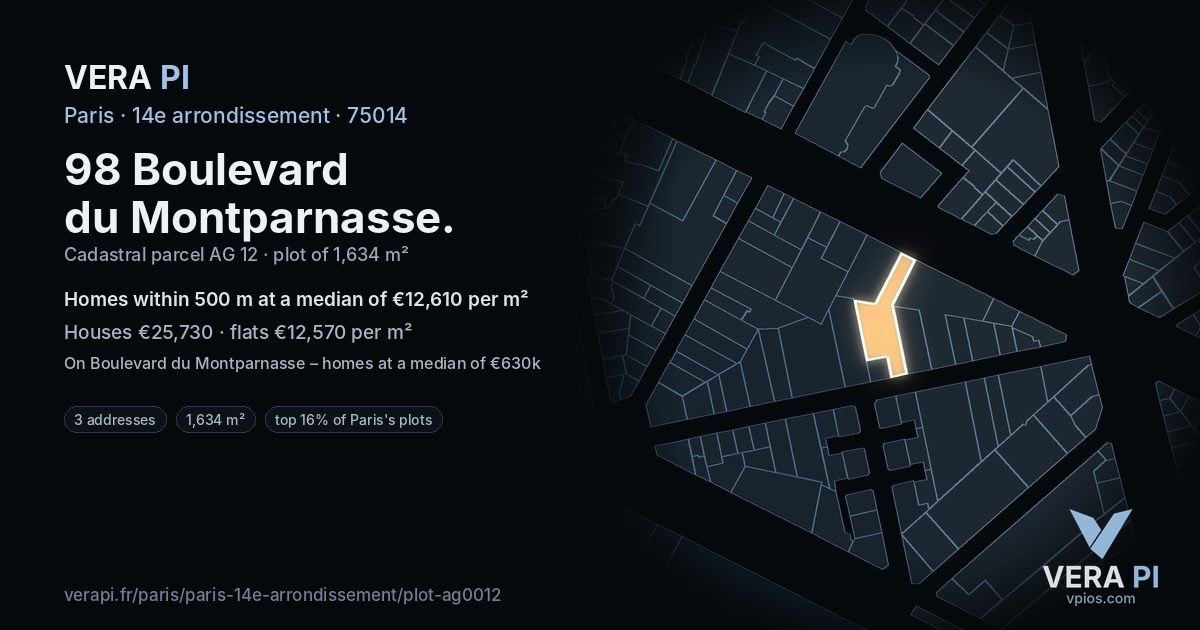 98 Boulevard du Montparnasse, 14e arrondissement at night – the plot lit, the parcels around coloured by the prices near them