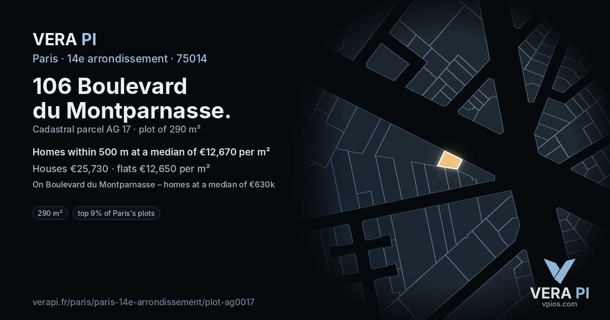 106 Boulevard du Montparnasse, 14e arrondissement at night – the plot lit, the parcels around coloured by the prices near them
