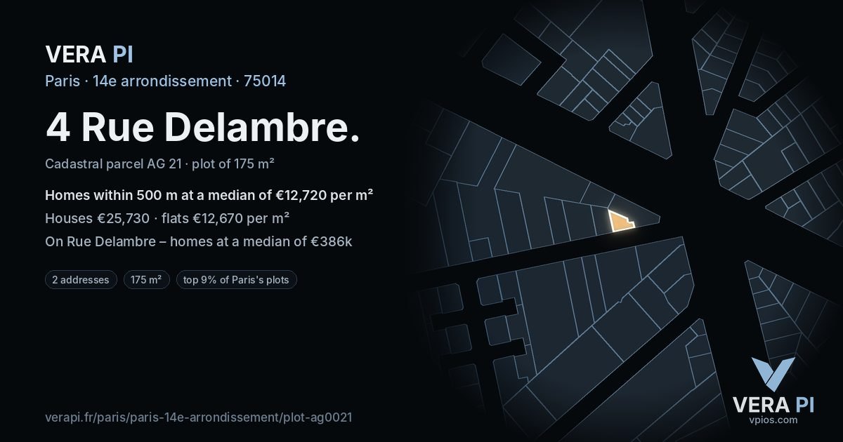 4 Rue Delambre, 14e arrondissement at night – the plot lit, the parcels around coloured by the prices near them