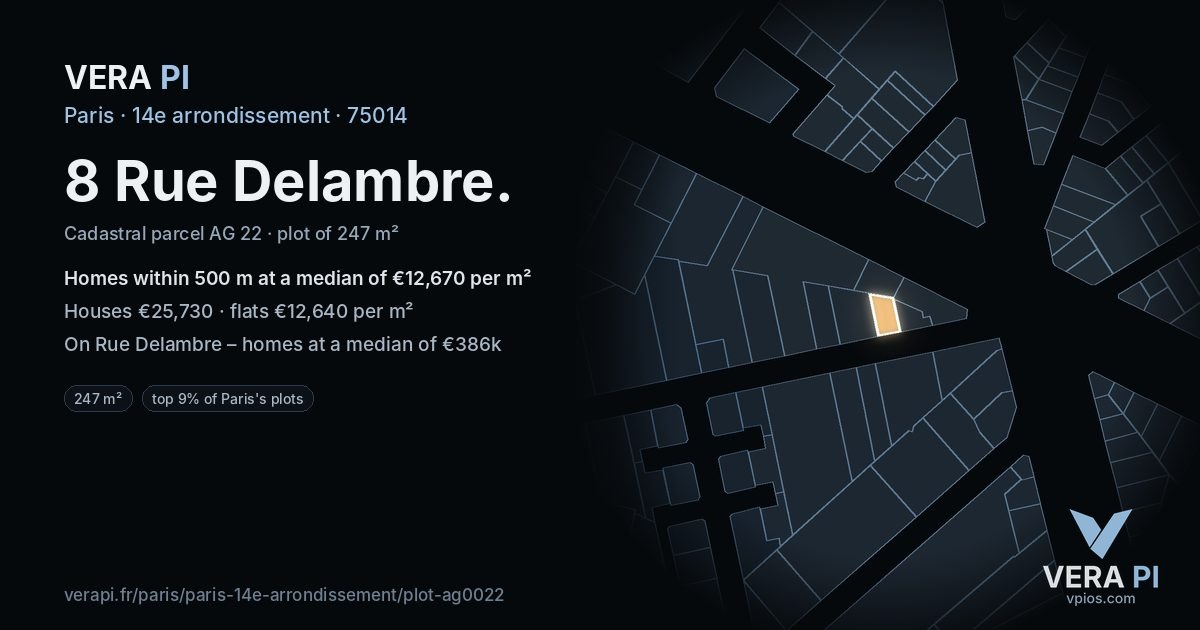 8 Rue Delambre, 14e arrondissement at night – the plot lit, the parcels around coloured by the prices near them