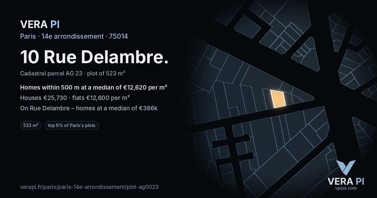 10 Rue Delambre, 14e arrondissement at night – the plot lit, the parcels around coloured by the prices near them
