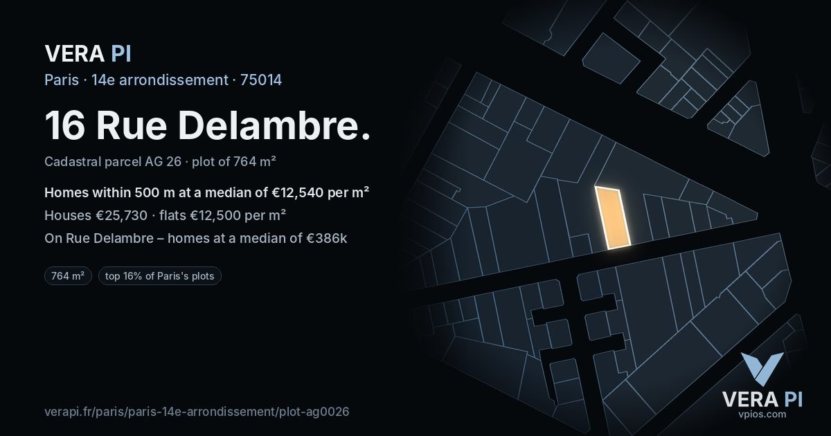 16 Rue Delambre, 14e arrondissement at night – the plot lit, the parcels around coloured by the prices near them