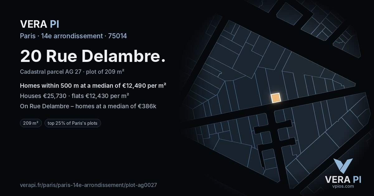 20 Rue Delambre, 14e arrondissement at night – the plot lit, the parcels around coloured by the prices near them