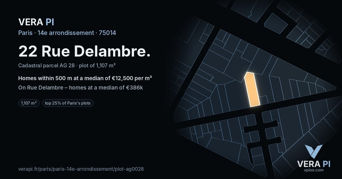 22 Rue Delambre, 14e arrondissement at night – the plot lit, the parcels around coloured by the prices near them