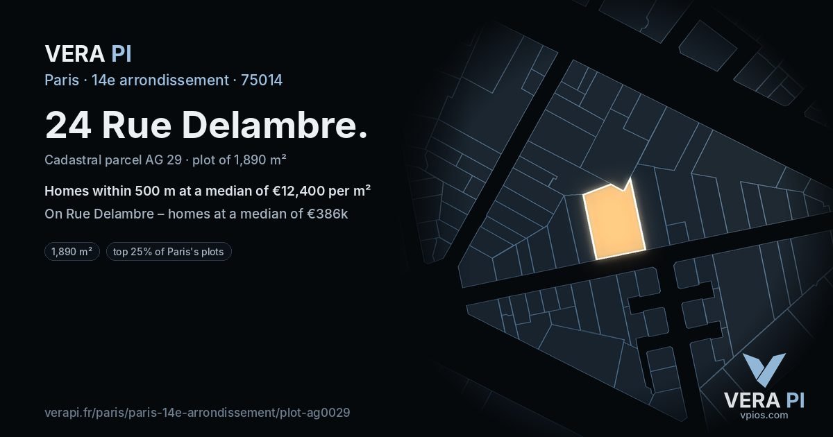 24 Rue Delambre, 14e arrondissement at night – the plot lit, the parcels around coloured by the prices near them