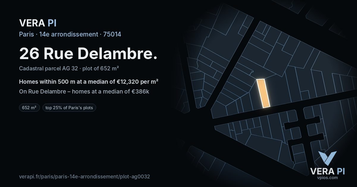 26 Rue Delambre, 14e arrondissement at night – the plot lit, the parcels around coloured by the prices near them