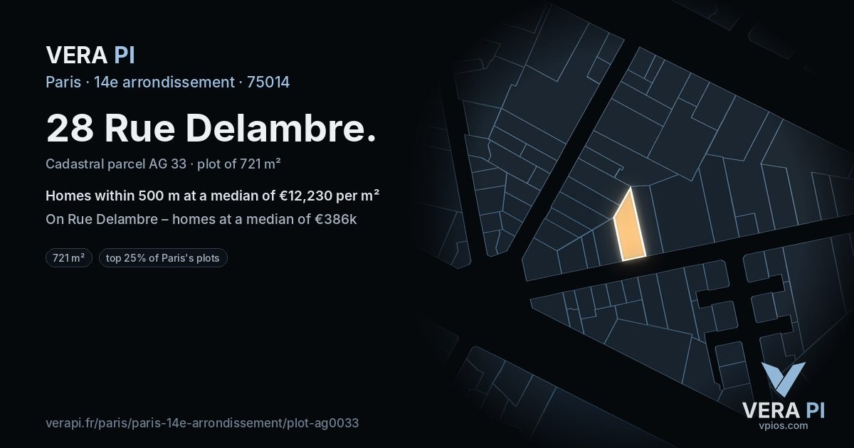 28 Rue Delambre, 14e arrondissement at night – the plot lit, the parcels around coloured by the prices near them
