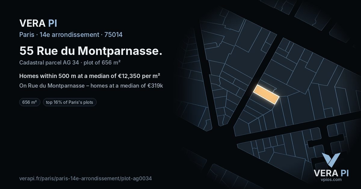 55 Rue du Montparnasse, 14e arrondissement at night – the plot lit, the parcels around coloured by the prices near them