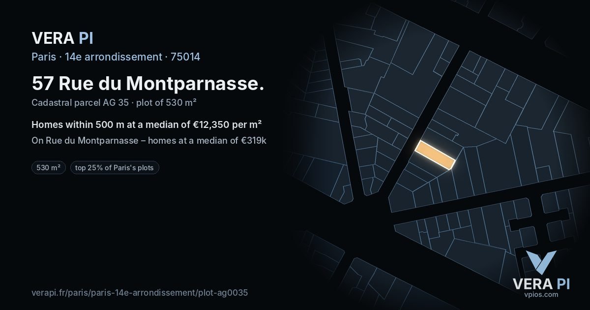 57 Rue du Montparnasse, 14e arrondissement at night – the plot lit, the parcels around coloured by the prices near them