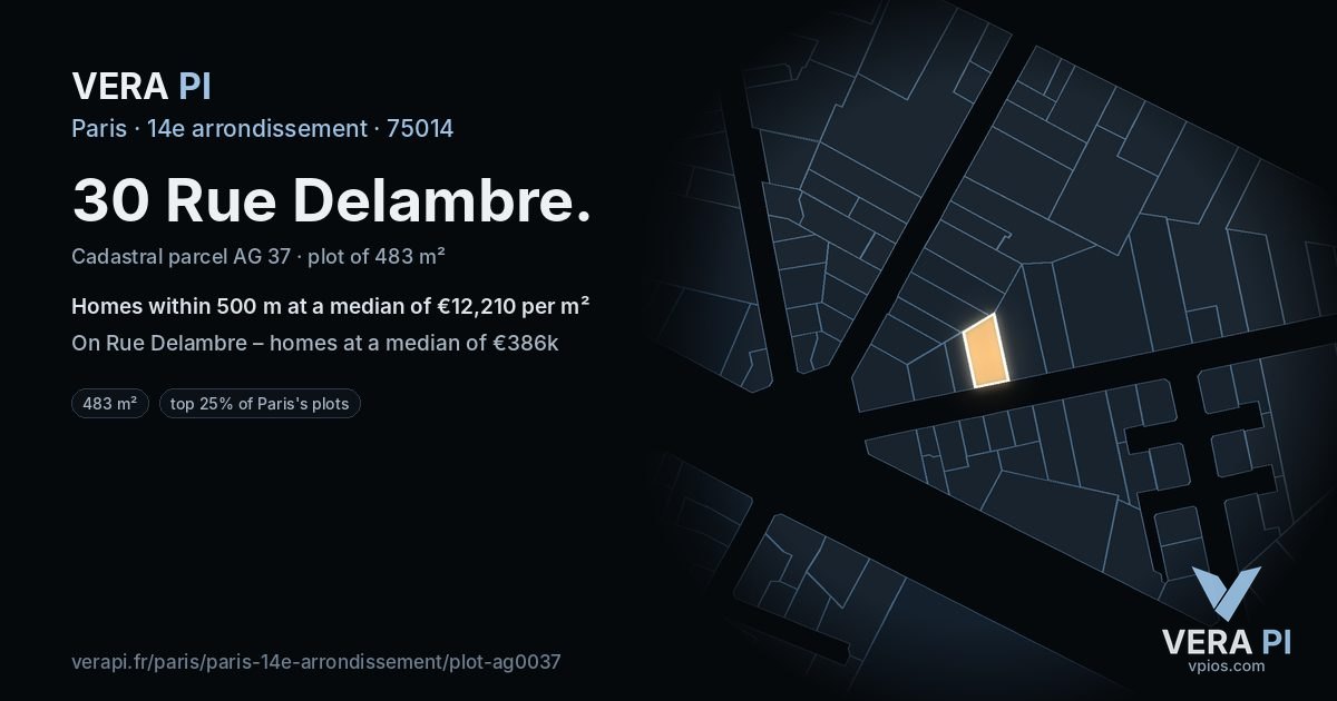 30 Rue Delambre, 14e arrondissement at night – the plot lit, the parcels around coloured by the prices near them