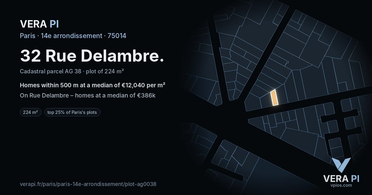 32 Rue Delambre, 14e arrondissement at night – the plot lit, the parcels around coloured by the prices near them