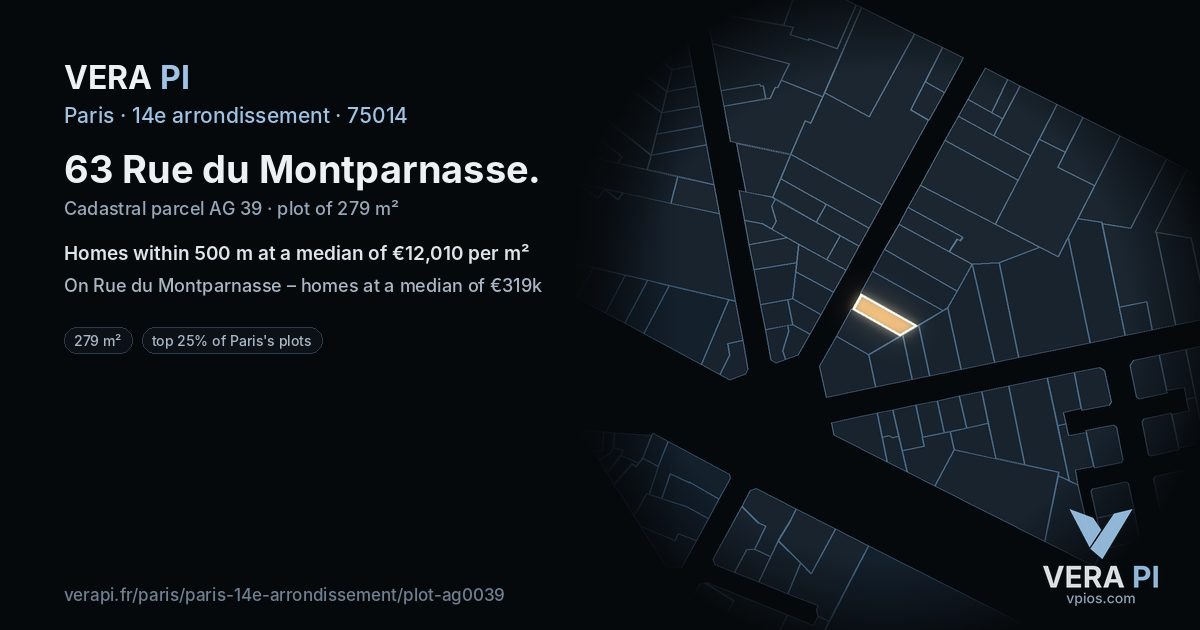 63 Rue du Montparnasse, 14e arrondissement at night – the plot lit, the parcels around coloured by the prices near them