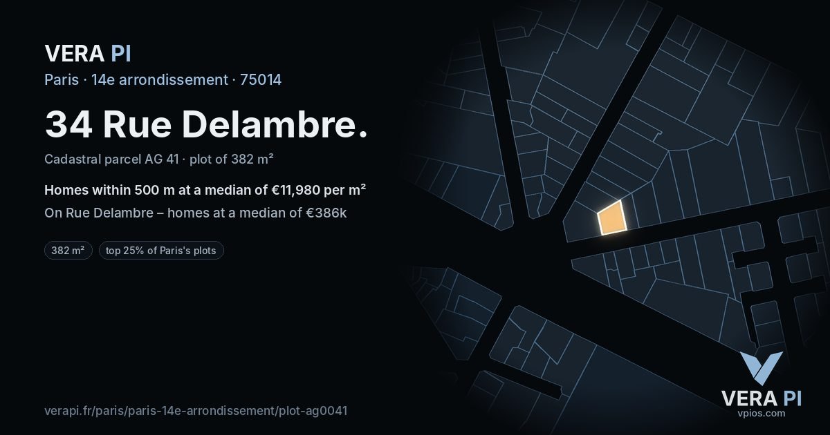 34 Rue Delambre, 14e arrondissement at night – the plot lit, the parcels around coloured by the prices near them
