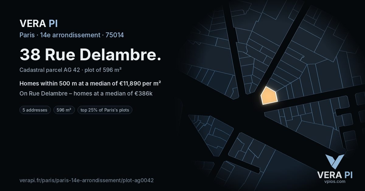 38 Rue Delambre, 14e arrondissement at night – the plot lit, the parcels around coloured by the prices near them