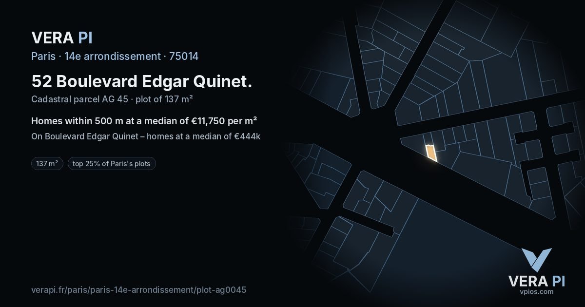 52 Boulevard Edgar Quinet, 14e arrondissement at night – the plot lit, the parcels around coloured by the prices near them