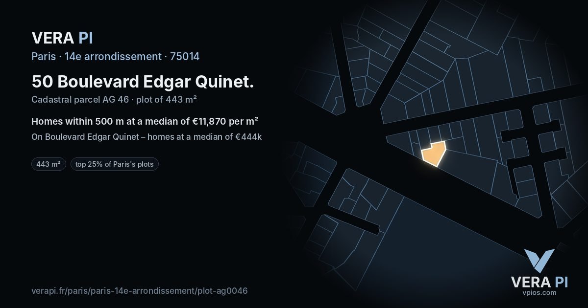 50 Boulevard Edgar Quinet, 14e arrondissement at night – the plot lit, the parcels around coloured by the prices near them