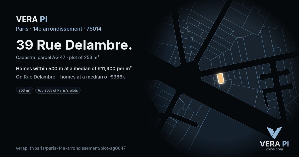 39 Rue Delambre, 14e arrondissement at night – the plot lit, the parcels around coloured by the prices near them