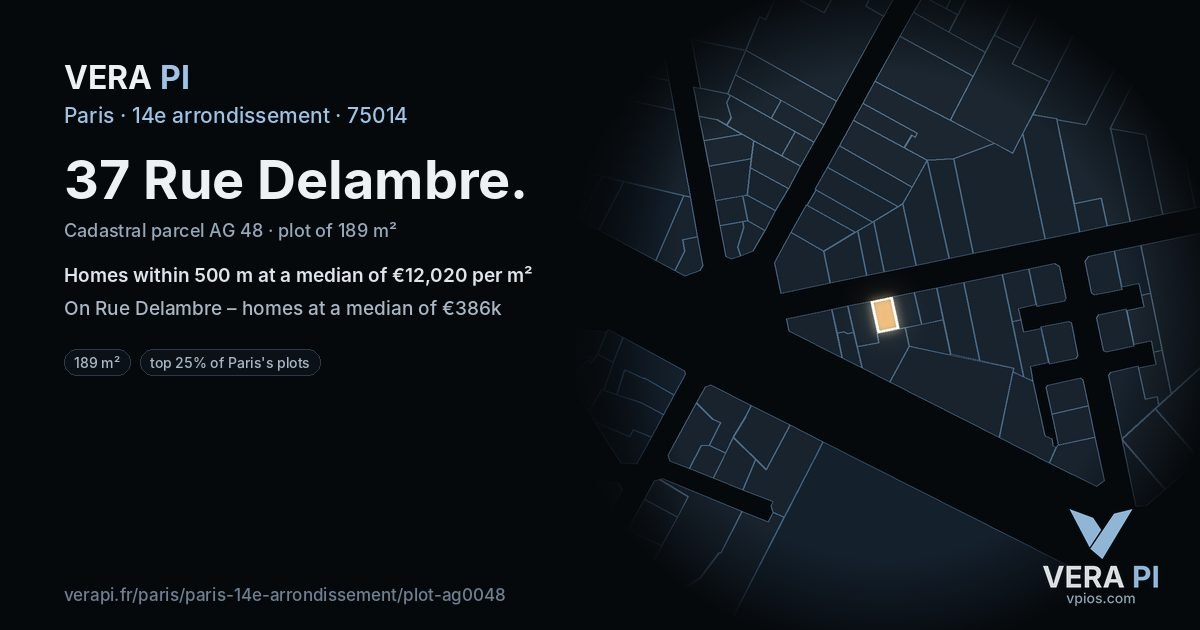 37 Rue Delambre, 14e arrondissement at night – the plot lit, the parcels around coloured by the prices near them