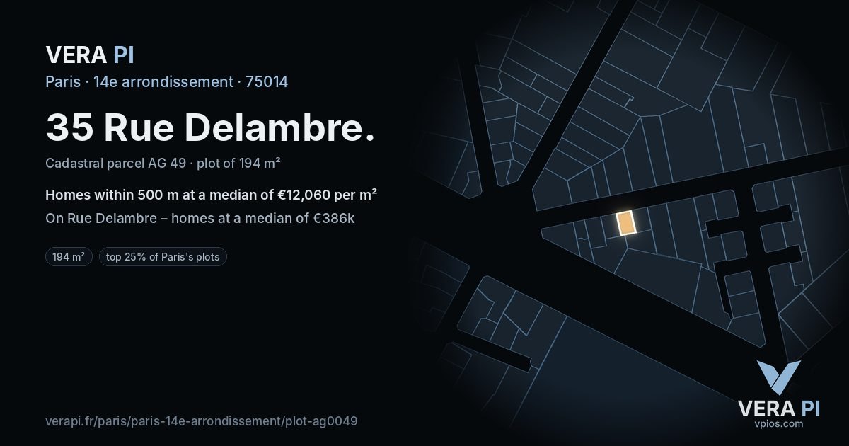 35 Rue Delambre, 14e arrondissement at night – the plot lit, the parcels around coloured by the prices near them