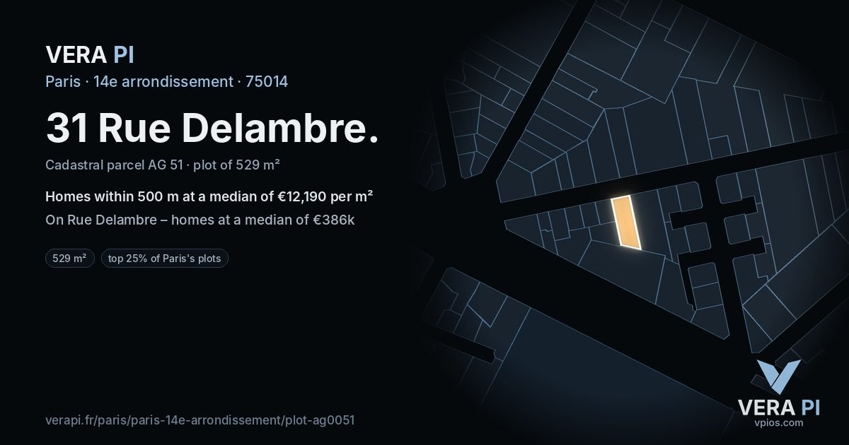 31 Rue Delambre, 14e arrondissement at night – the plot lit, the parcels around coloured by the prices near them