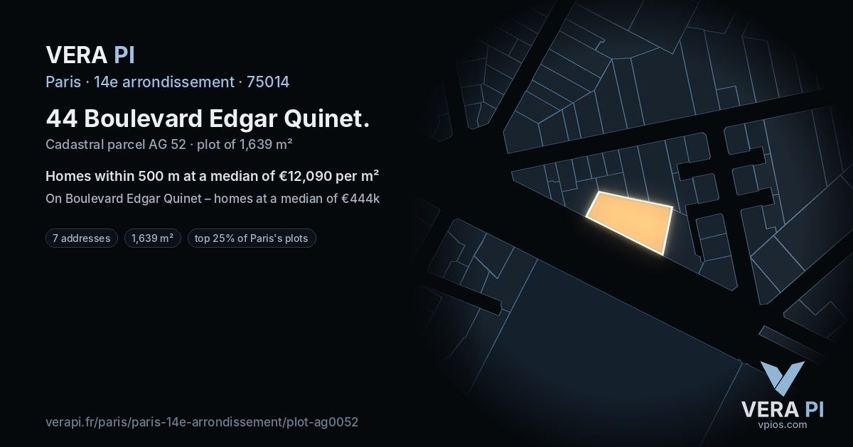 44 Boulevard Edgar Quinet, 14e arrondissement at night – the plot lit, the parcels around coloured by the prices near them