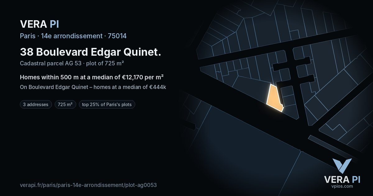 38 Boulevard Edgar Quinet, 14e arrondissement at night – the plot lit, the parcels around coloured by the prices near them