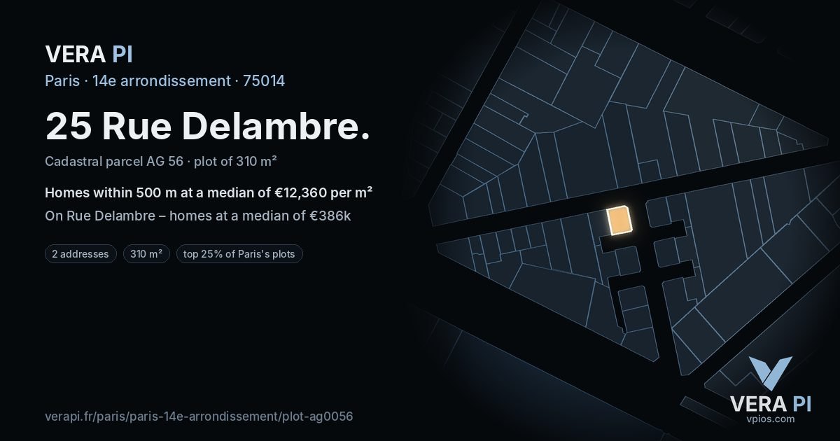 25 Rue Delambre, 14e arrondissement at night – the plot lit, the parcels around coloured by the prices near them
