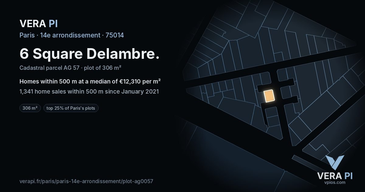 6 Square Delambre, 14e arrondissement at night – the plot lit, the parcels around coloured by the prices near them