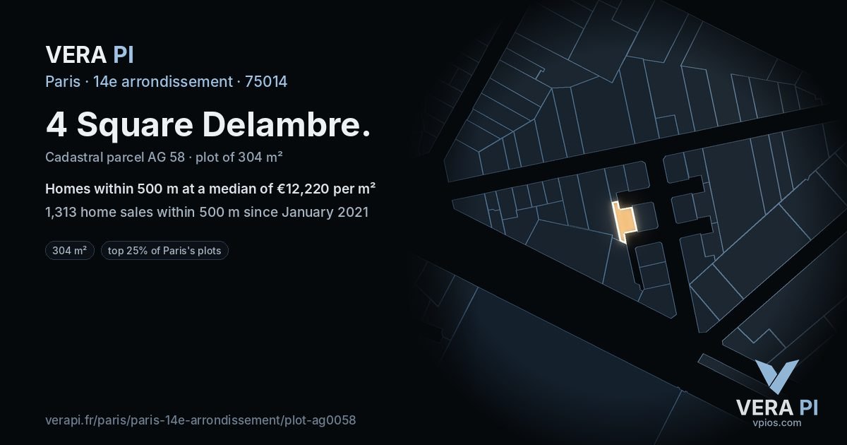 4 Square Delambre, 14e arrondissement at night – the plot lit, the parcels around coloured by the prices near them