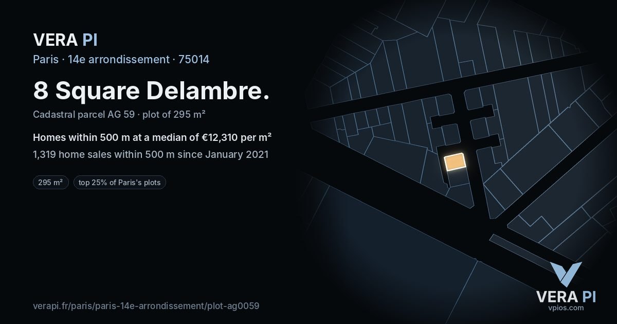 8 Square Delambre, 14e arrondissement at night – the plot lit, the parcels around coloured by the prices near them