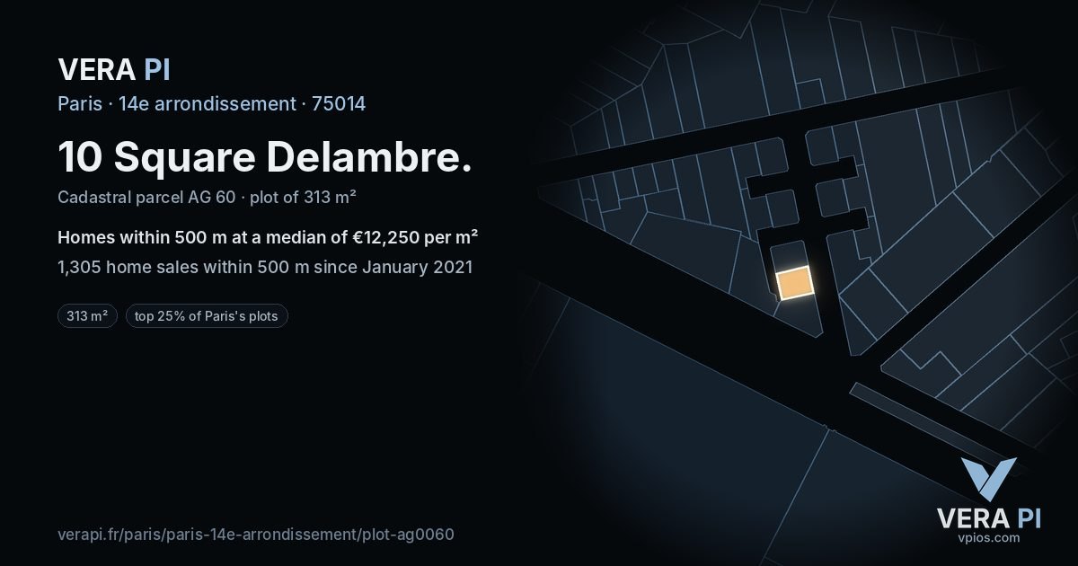 10 Square Delambre, 14e arrondissement at night – the plot lit, the parcels around coloured by the prices near them