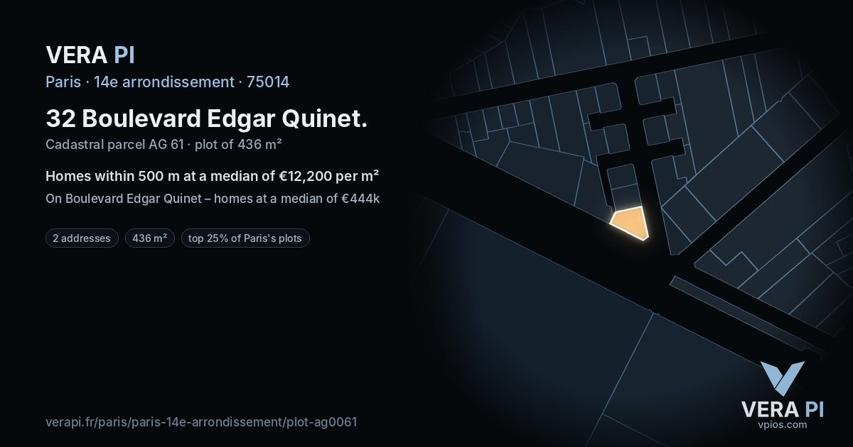 32 Boulevard Edgar Quinet, 14e arrondissement at night – the plot lit, the parcels around coloured by the prices near them