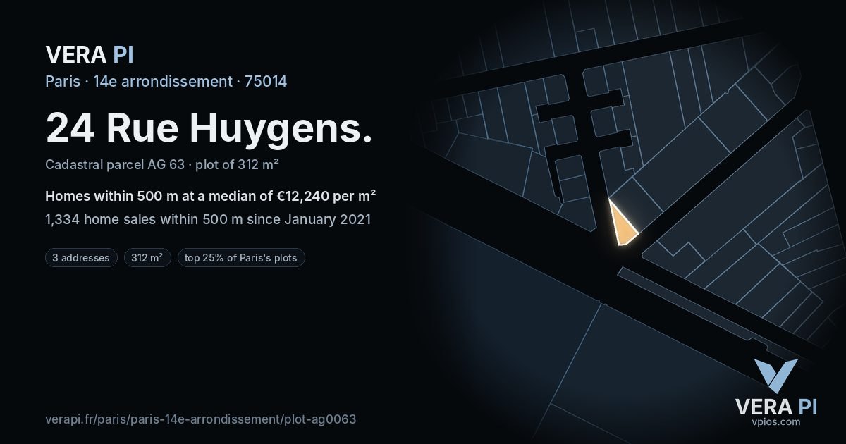 24 Rue Huygens, 14e arrondissement at night – the plot lit, the parcels around coloured by the prices near them