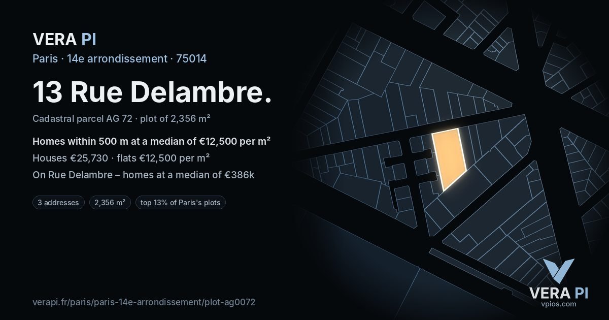 13 Rue Delambre, 14e arrondissement at night – the plot lit, the parcels around coloured by the prices near them