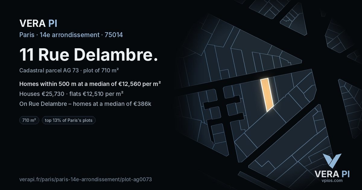 11 Rue Delambre, 14e arrondissement at night – the plot lit, the parcels around coloured by the prices near them