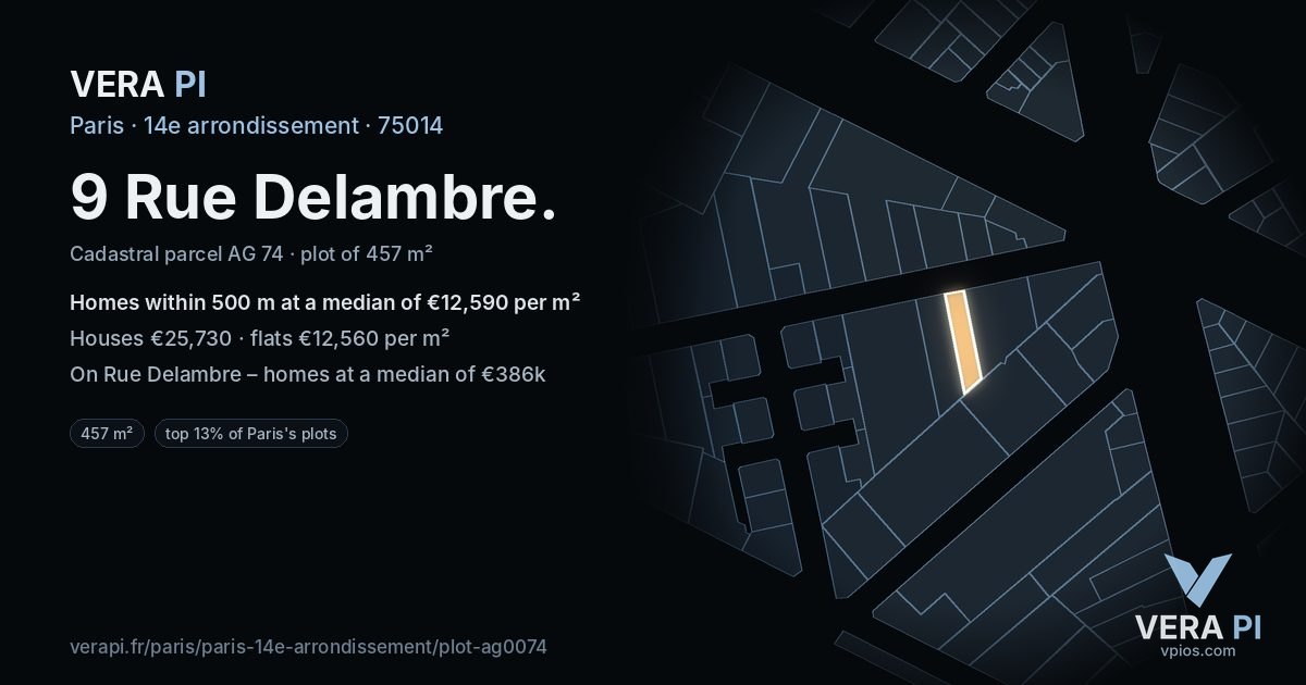 9 Rue Delambre, 14e arrondissement at night – the plot lit, the parcels around coloured by the prices near them
