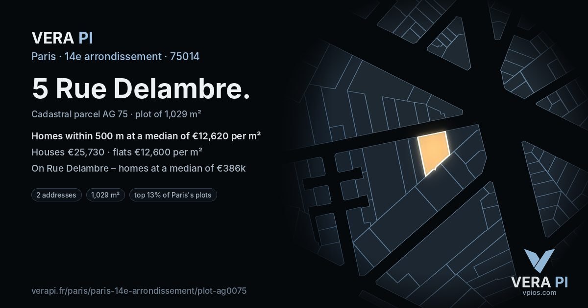 5 Rue Delambre, 14e arrondissement at night – the plot lit, the parcels around coloured by the prices near them