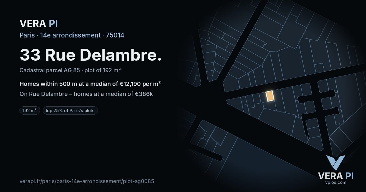 33 Rue Delambre, 14e arrondissement at night – the plot lit, the parcels around coloured by the prices near them