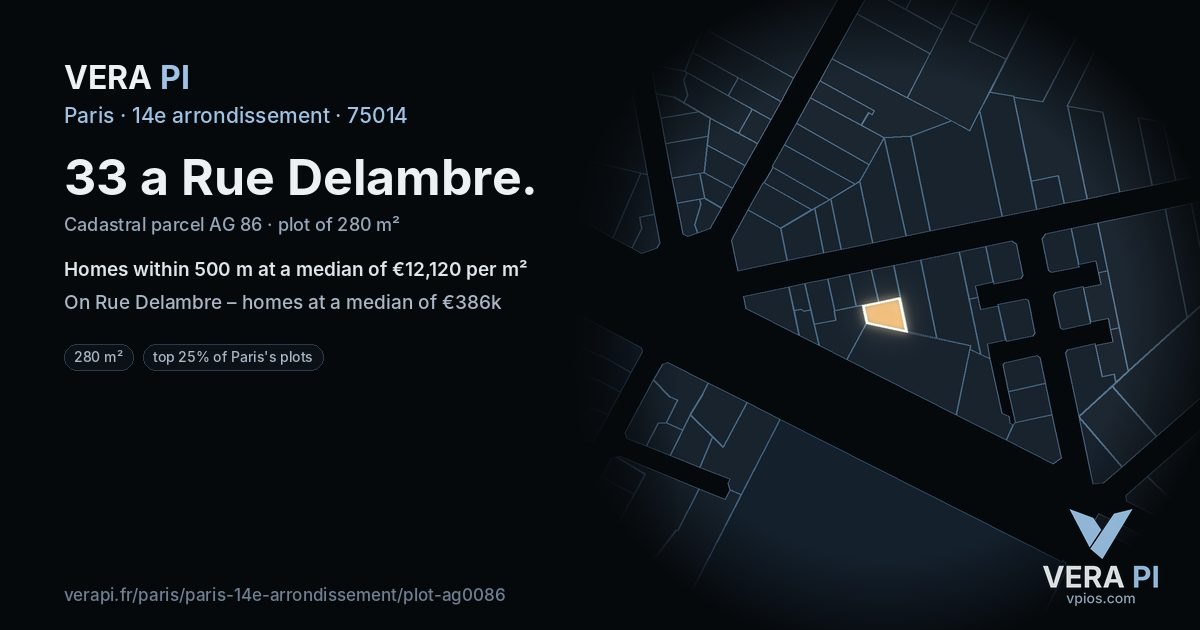 33 a Rue Delambre, 14e arrondissement at night – the plot lit, the parcels around coloured by the prices near them