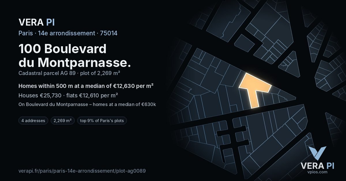 100 Boulevard du Montparnasse, 14e arrondissement at night – the plot lit, the parcels around coloured by the prices near them