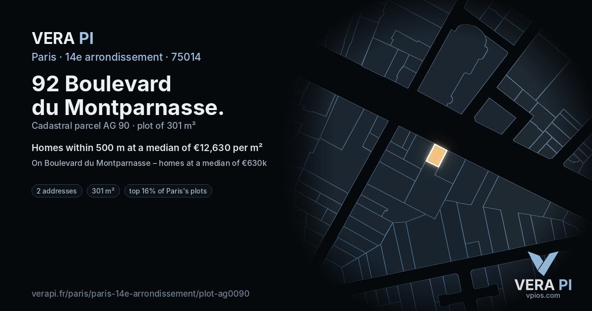92 Boulevard du Montparnasse, 14e arrondissement at night – the plot lit, the parcels around coloured by the prices near them