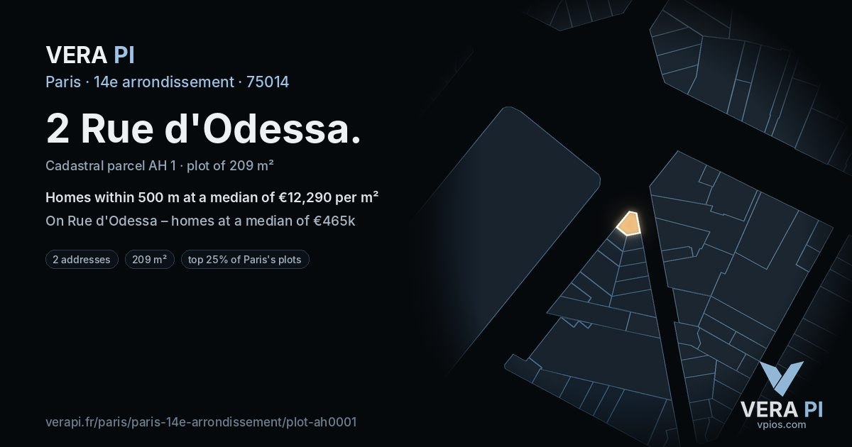 2 Rue d'Odessa, 14e arrondissement at night – the plot lit, the parcels around coloured by the prices near them