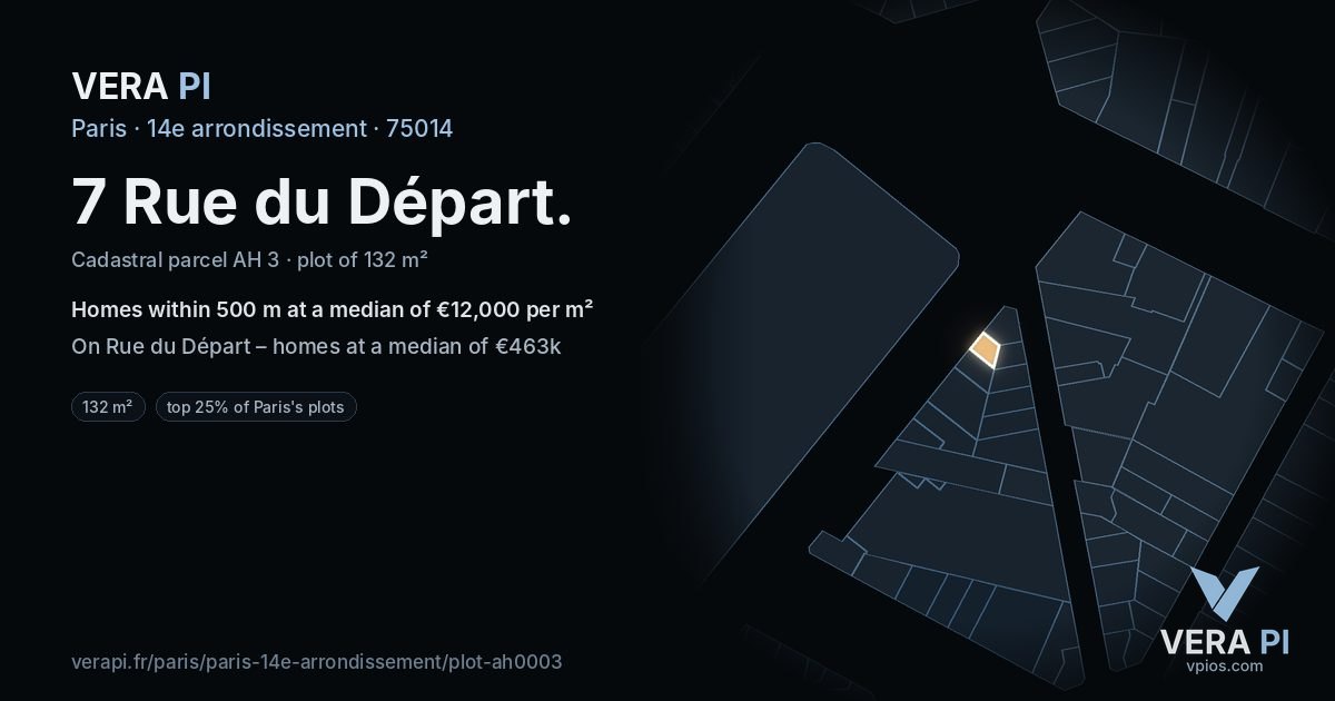 7 Rue du Départ, 14e arrondissement at night – the plot lit, the parcels around coloured by the prices near them