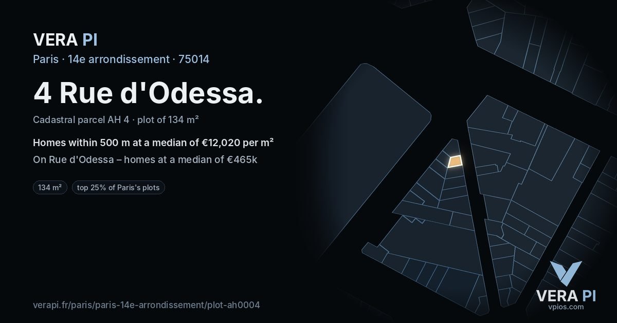 4 Rue d'Odessa, 14e arrondissement at night – the plot lit, the parcels around coloured by the prices near them