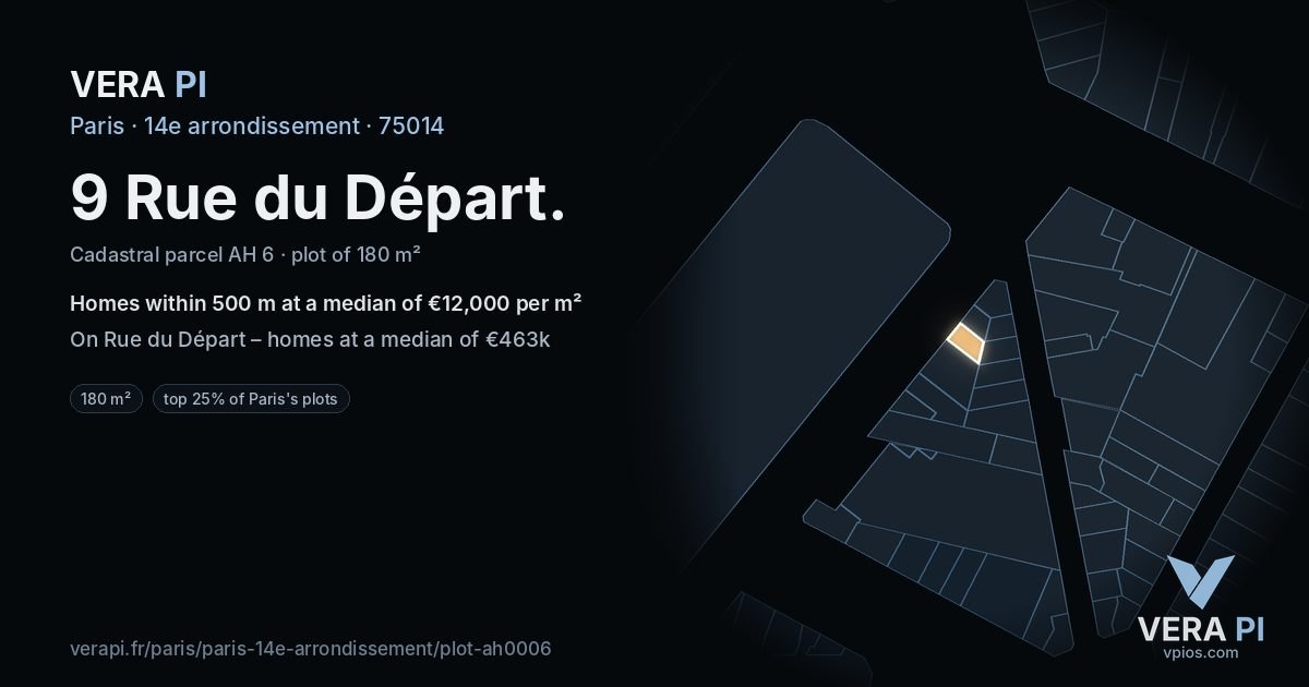 9 Rue du Départ, 14e arrondissement at night – the plot lit, the parcels around coloured by the prices near them