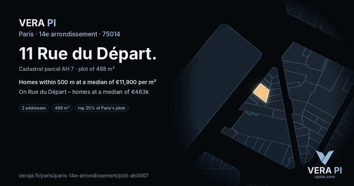 11 Rue du Départ, 14e arrondissement at night – the plot lit, the parcels around coloured by the prices near them