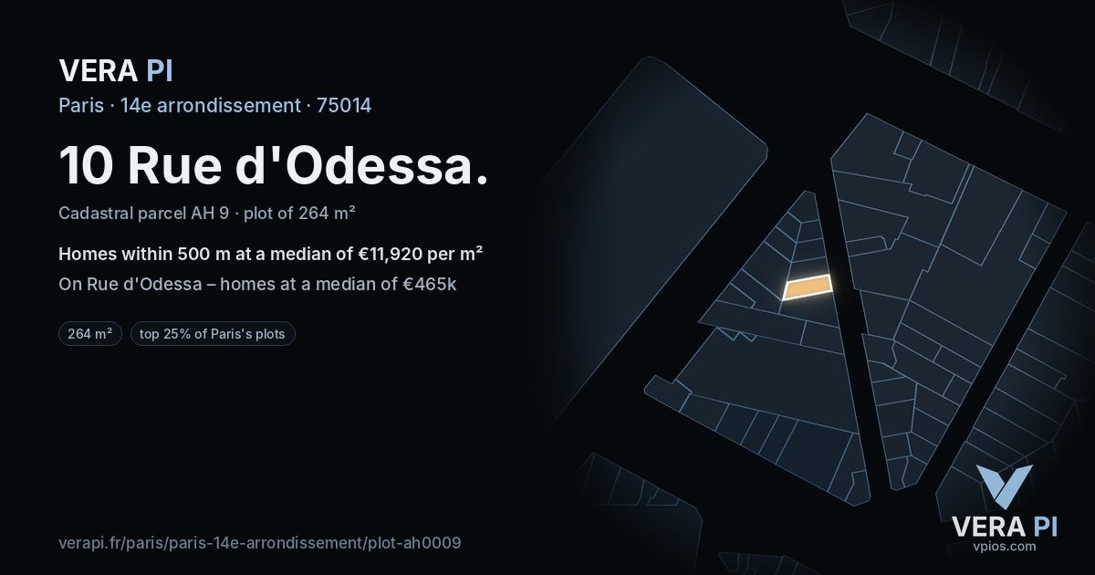 10 Rue d'Odessa, 14e arrondissement at night – the plot lit, the parcels around coloured by the prices near them