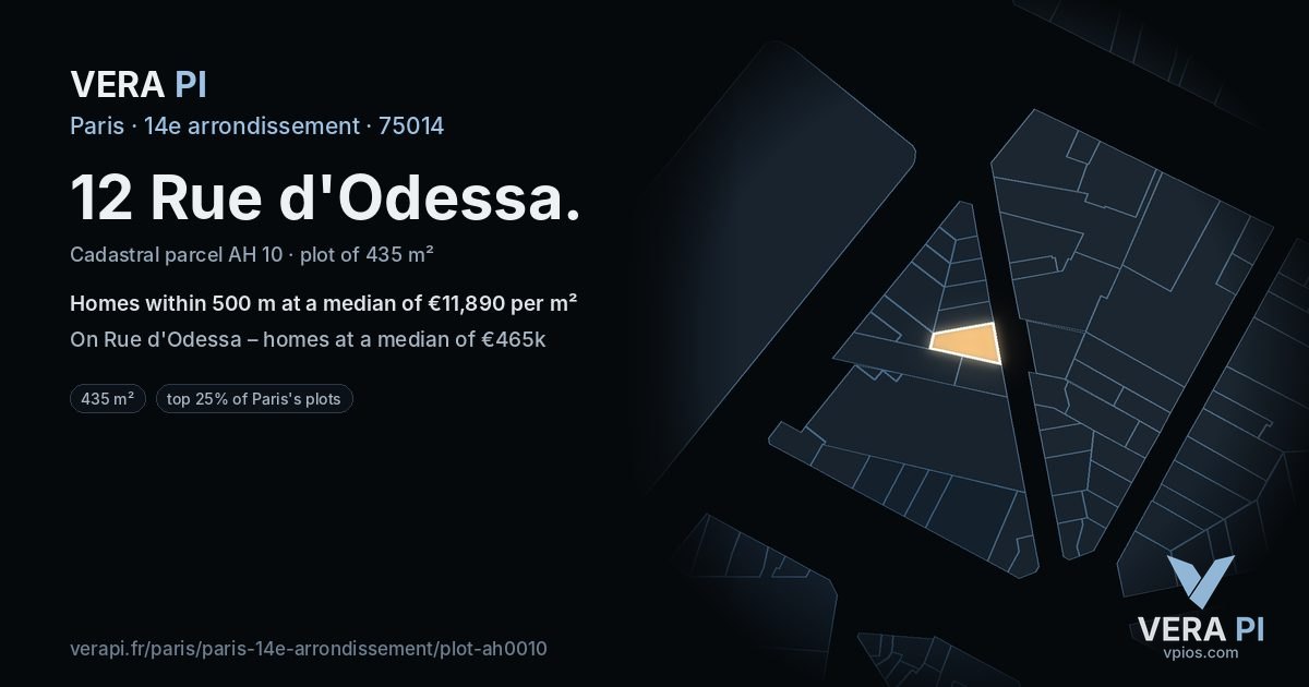 12 Rue d'Odessa, 14e arrondissement at night – the plot lit, the parcels around coloured by the prices near them