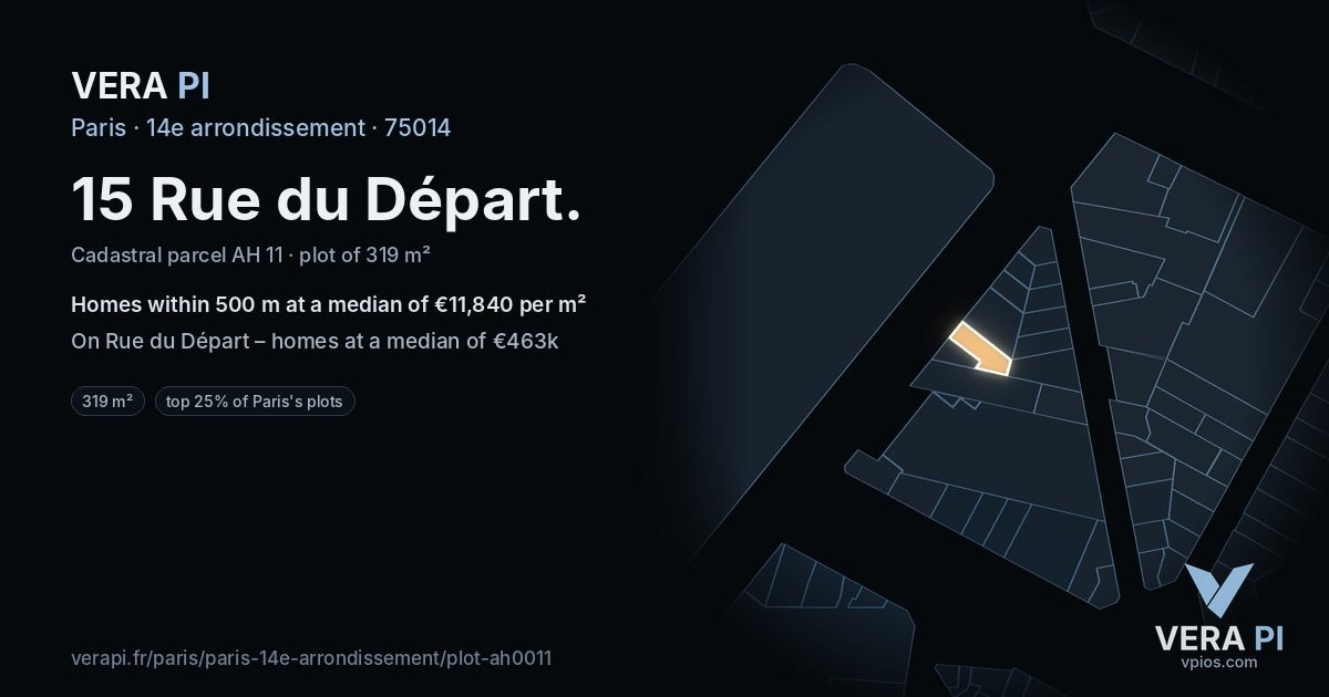 15 Rue du Départ, 14e arrondissement at night – the plot lit, the parcels around coloured by the prices near them